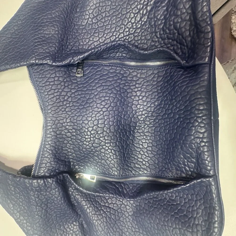 Vince Camuto Deep Indigo Pebbled Leather Hobo Shoulder Bag Silver Hardware Large